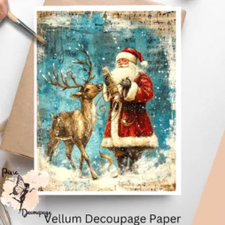 Image of Santa Claus and a reindeer set against a distressed blue background.