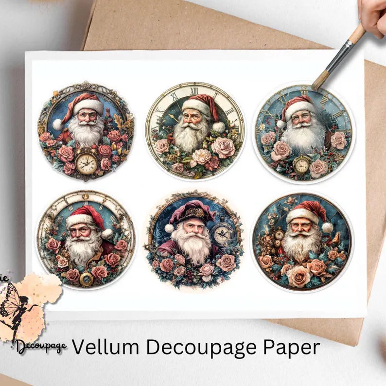 Six round images of steampunk Santa Claus.