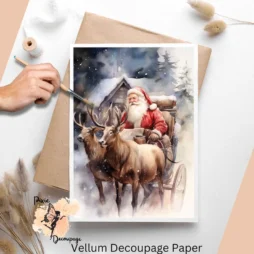 Watercolor image of Santa Claus and reindeeer.