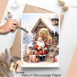 Image of Santa Claus with gifts in a snowy background.