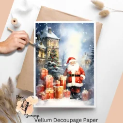 Image of Santa Claus with gifts wrapped in red.