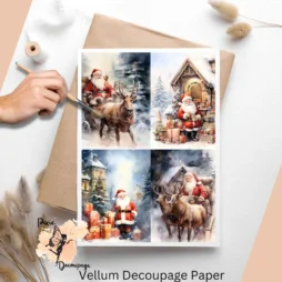 Set of four Santa Claus images. Featuring snow and reindeers.