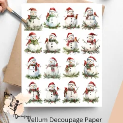 Sixteen images of snowmen with Santa hat.