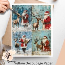 Four images of Santa Claus and reindeer against a distressed blue background.