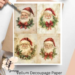 Four images of Santa Claus against a vintage background.