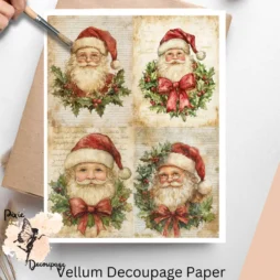 Four images of Santa Claus with a red bow and a wreath.