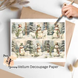 Six images of snowmen in snowy forest scenes.