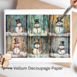 Six images of snowmen in snowy forest,