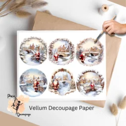 Six circular images of Santa Claus with a snow scenery in the background.