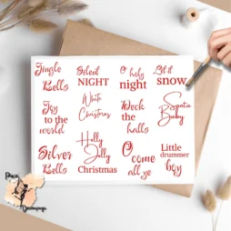 Several Christmas song titles in different fonts, in red.