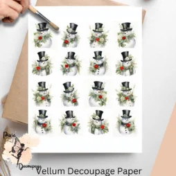 Sixteen images of whimsical snowmen wearing top hats.