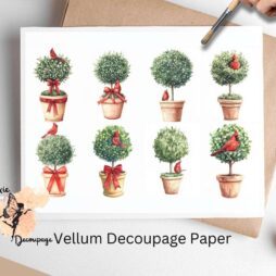 Eight images of topiaries with cardinals perching on them.
