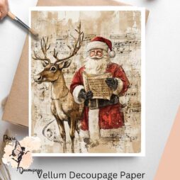 Vintage image of Santa Claus with reindeer against a distressed background.