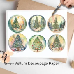 Six circular images of Christmas trees.