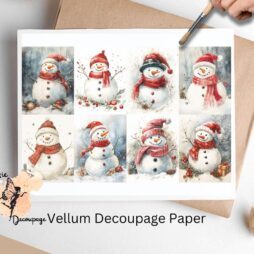 Eight images of whimsical snowmen dressed in red.
