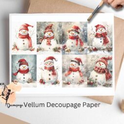 Eight images of whimsical snowmen dressed in red.