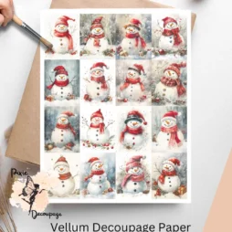Sixteen images of whimsical snowmen dressed in red.