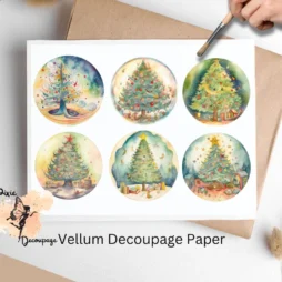 Set of 6 circular images of whimsical Christmas trees.
