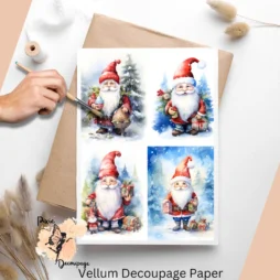 Four images of Christmas gnomes dressed in red, they have gifts and Christmas trees around them.
