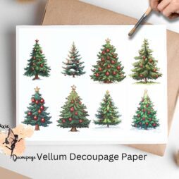 Eight images of Christmas trees with red ornaments.