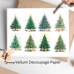 Eight images of Christmas trees with gifts.
