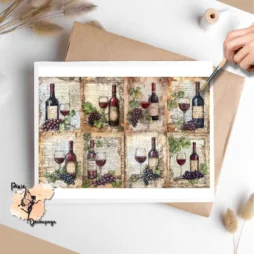Eight images of a glass and a bottle of red wine against a vintage background.
