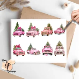 Eight images of pink trucks.