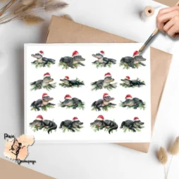 Sixteen images of alligators wearing santa hat.