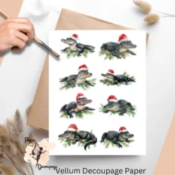 Eight images of alligators wearing santa hat.