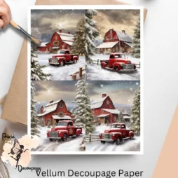 Four images of red truck and red barn.