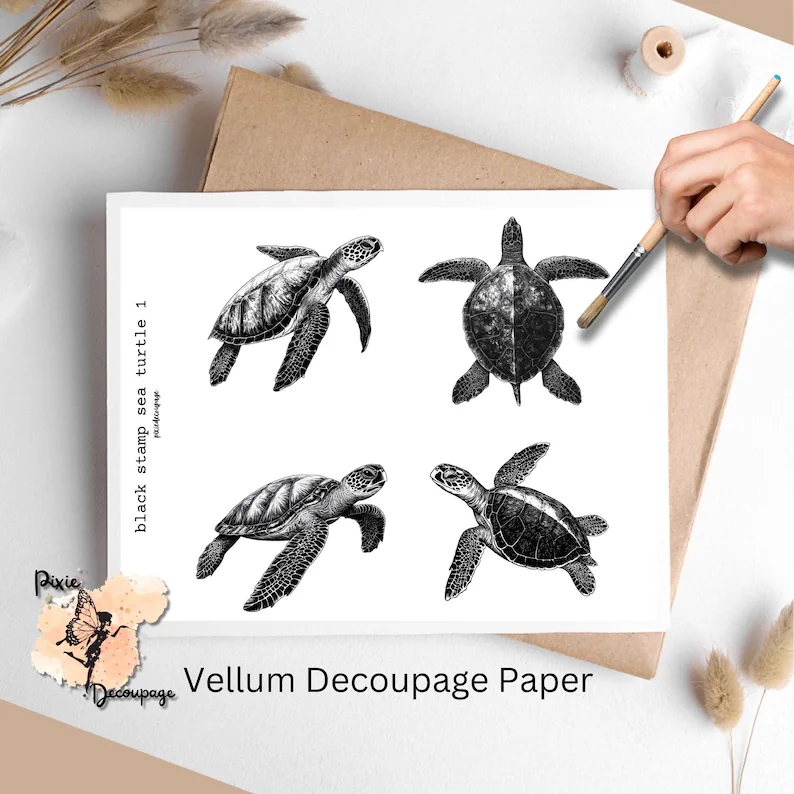 Four images of Black Stamp Sea Turtle Decoupage Paper