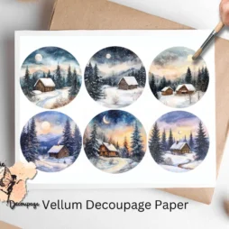 Six images of cabins in winter.