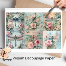Six images of dragonflies against a floral background.