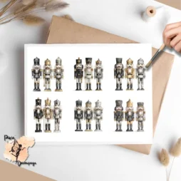 Six sets of 3 nutcrackers in gold and black.