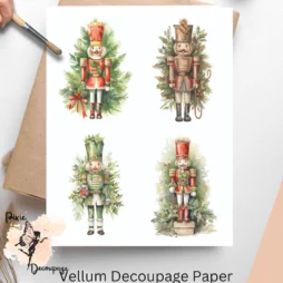 Four images of nutcrackers with greenery.
