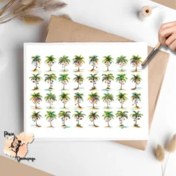 Thirty two images of palm trees with Christmas decorations.