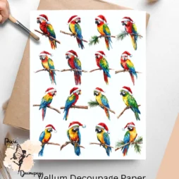 Sixteen images of parrots wearing santa hats.
