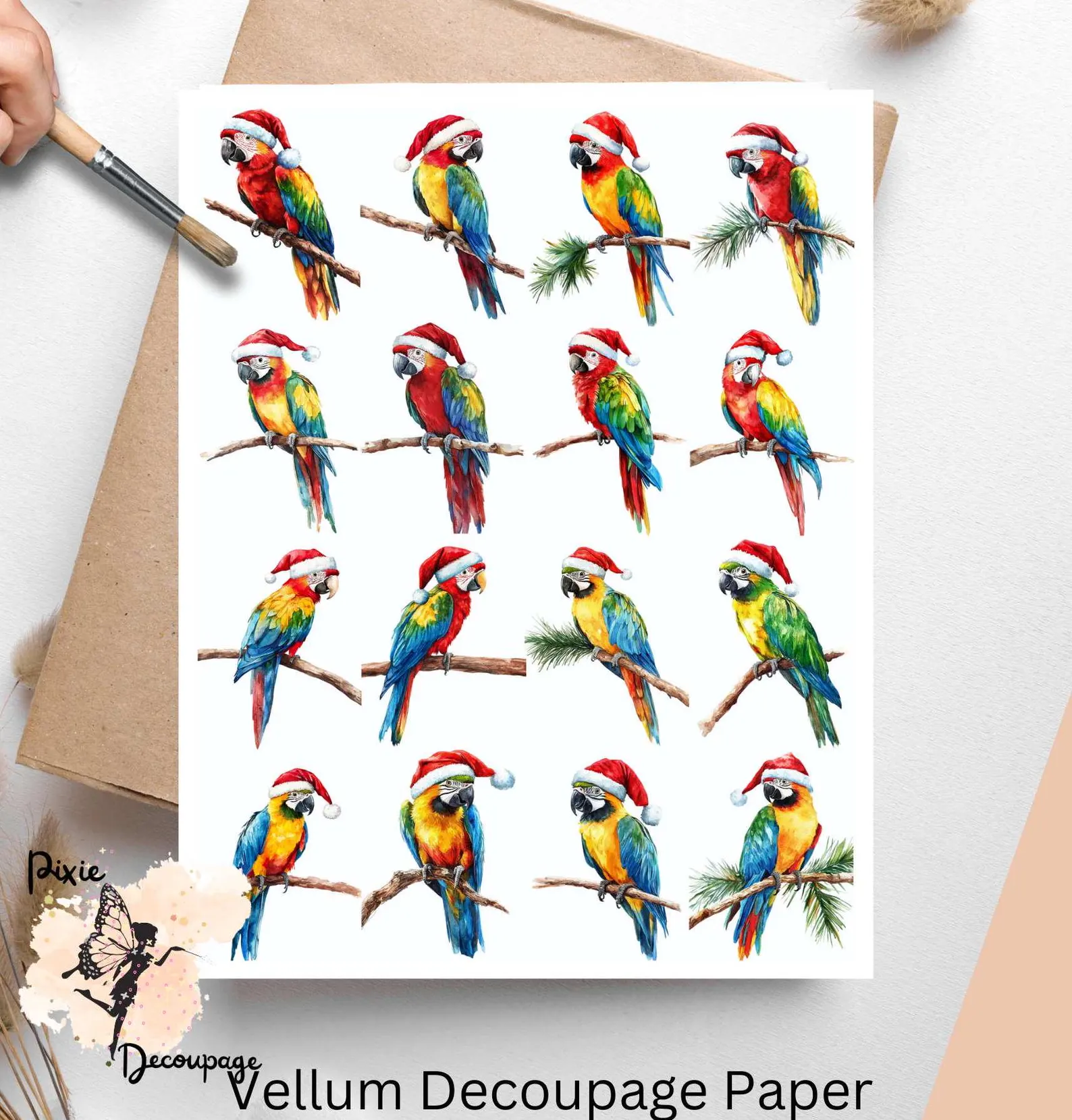 Sixteen images of parrots wearing santa hats.