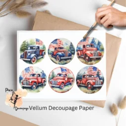 Six circular images of red trucks in a patriotic setting.