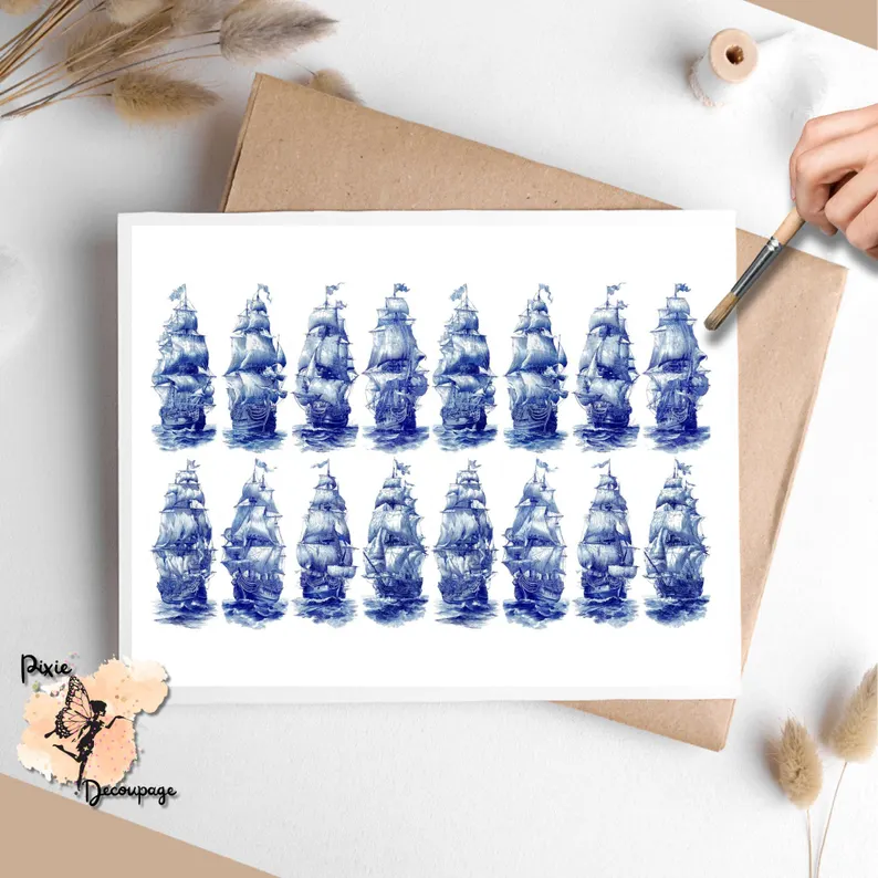 Sixteen images of pirate ship in blue ink.