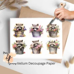 Six images of raccoons in buckets of flowers.