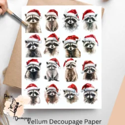 Sixteen images of raccoons wearing Santa hats.