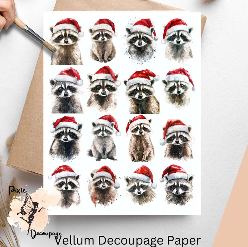 Sixteen images of raccoons wearing Santa hats.