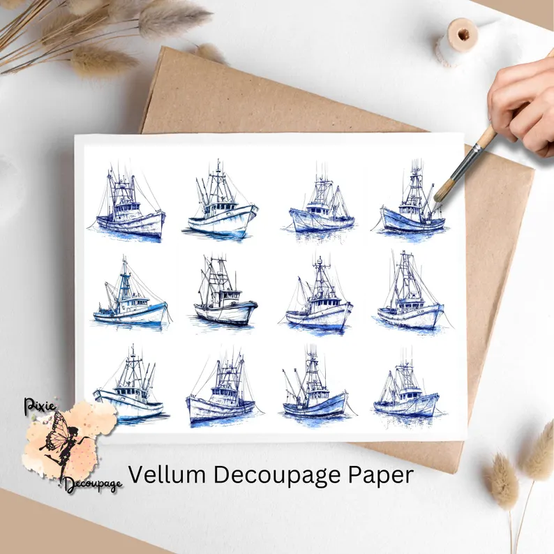 Twelve images of a shrimp boat in blue ink.