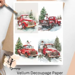Four images of a red truck with greenery and a snowman.