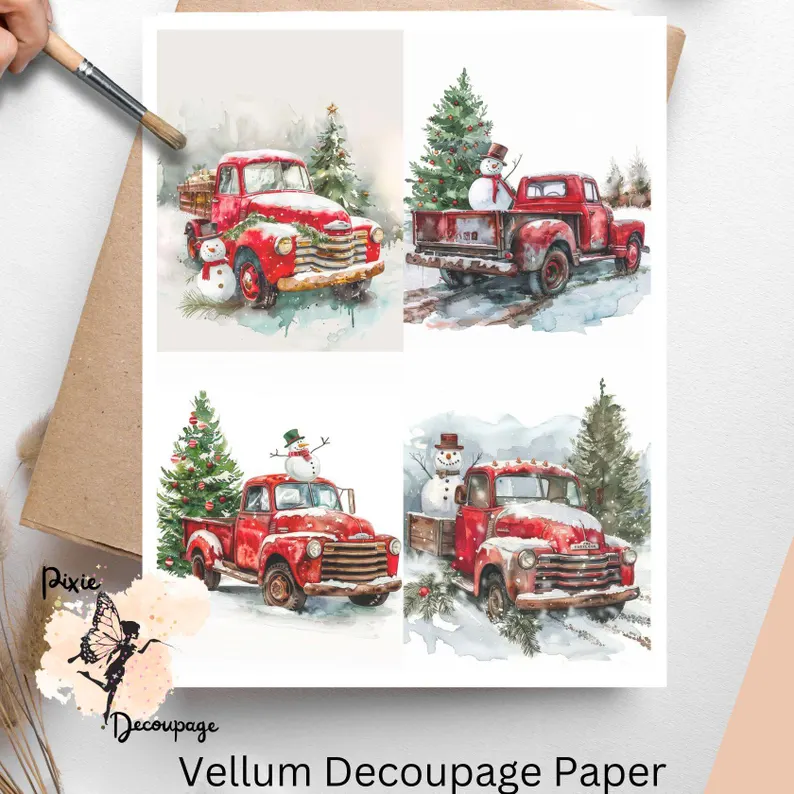 Four images of a red truck with greenery and a snowman.