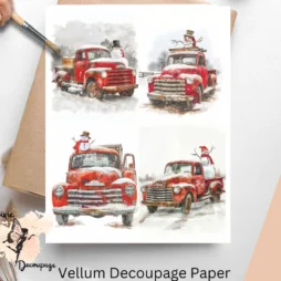 Four images of red truck with snowman.