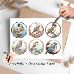 Six circular images of sparrows.