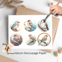 Six circular images of sparrows.