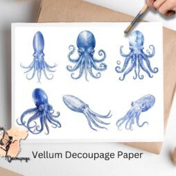 Six images of squid in blue ink.